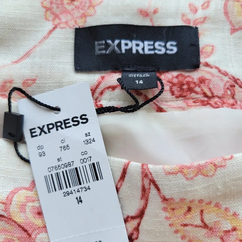 Express Women's Pink Ivory Linen Blend Floral Tiered Ruffle Mini Skirt Sz 14 New
